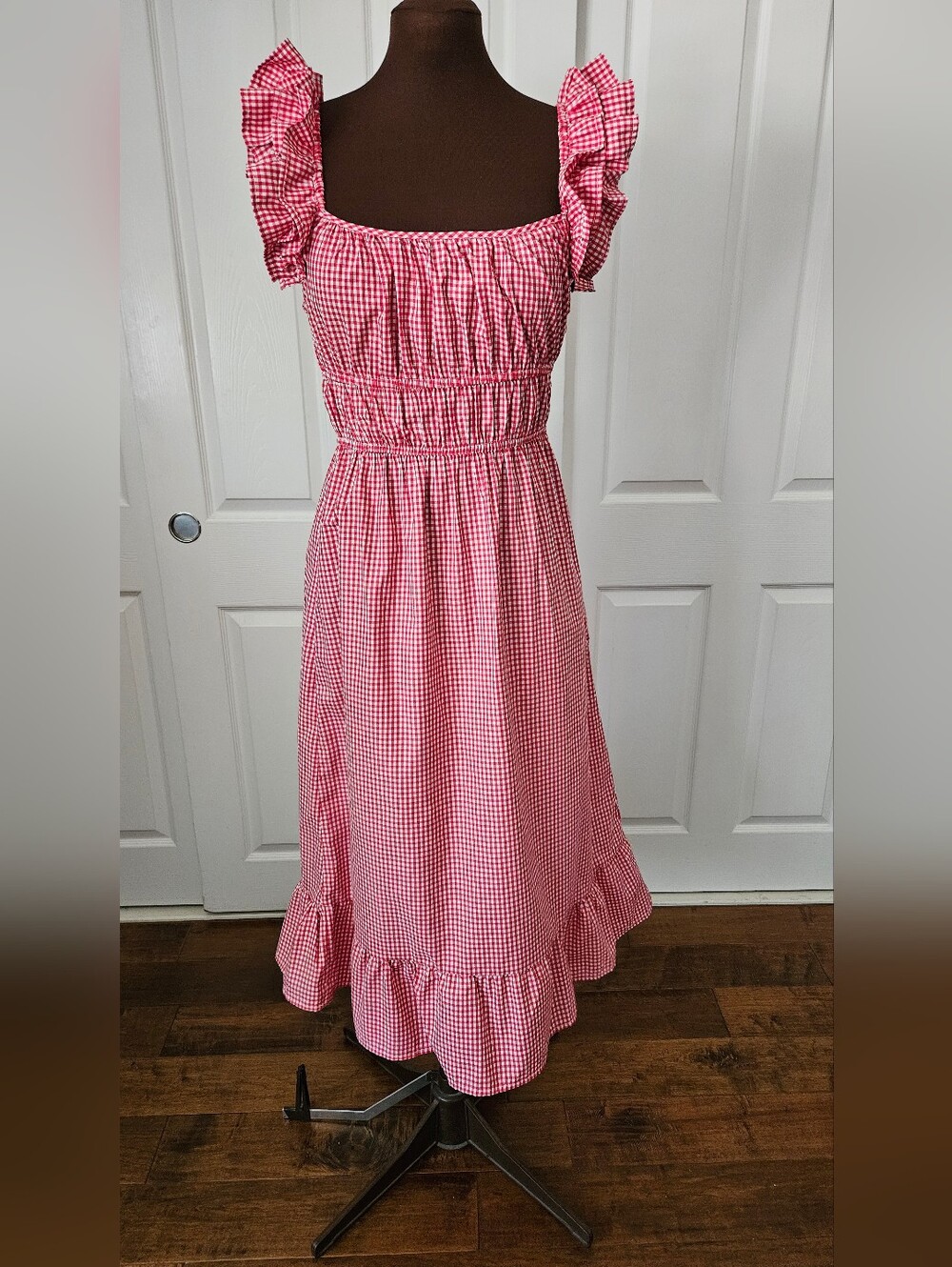 Womens Red Gingham Ruffle Strap Dress